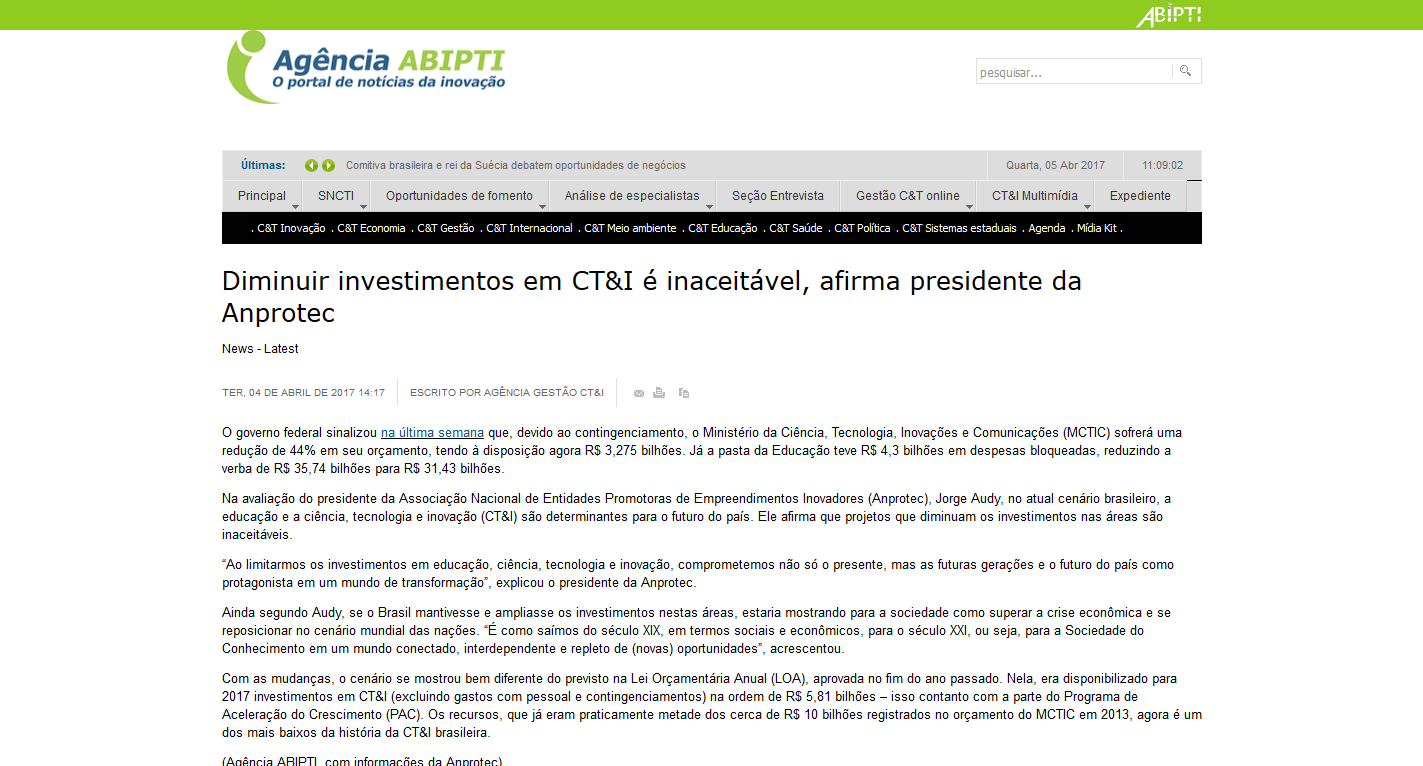 Presidente da Anprotec critica diminuição de investimentos em CT&I