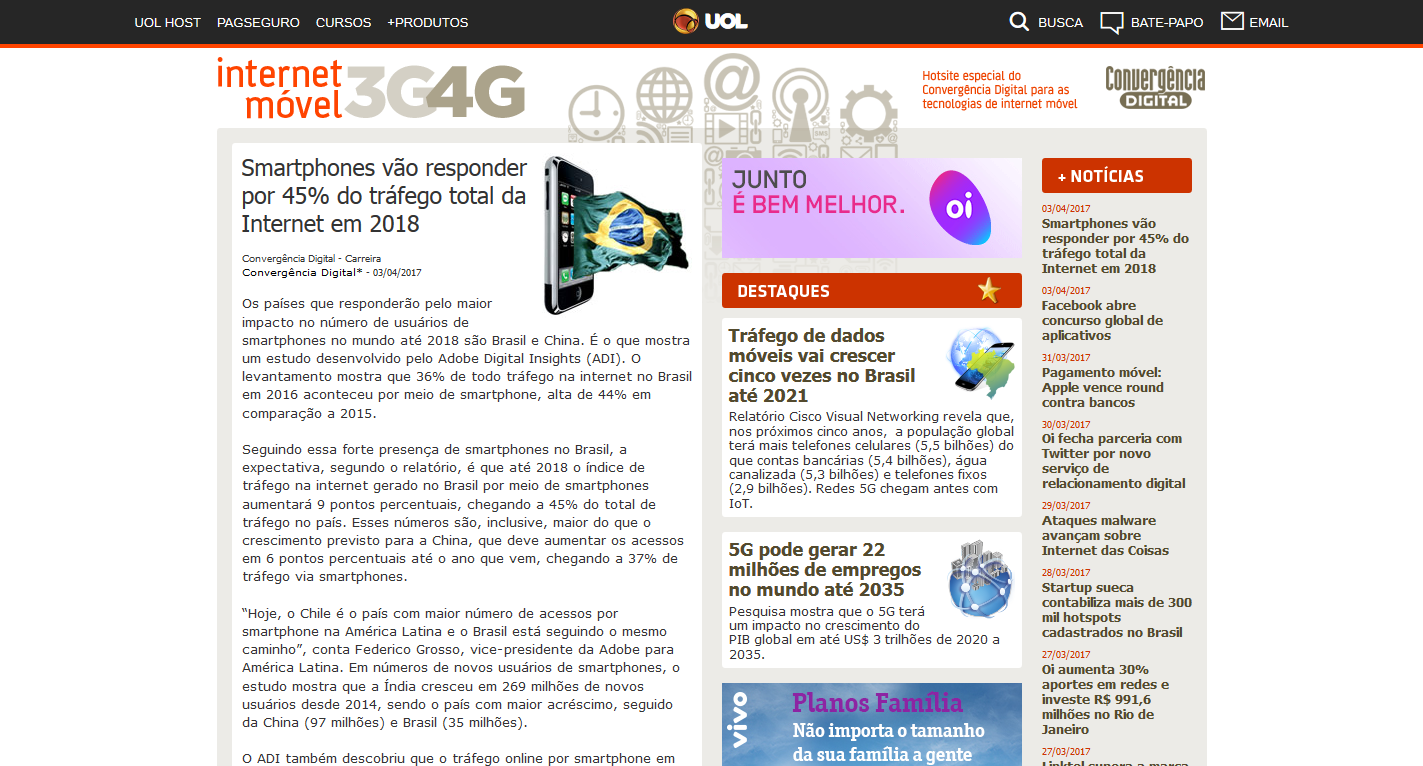 Quase metade do tráfego de internet no Brasil em 2018 será por smartphones