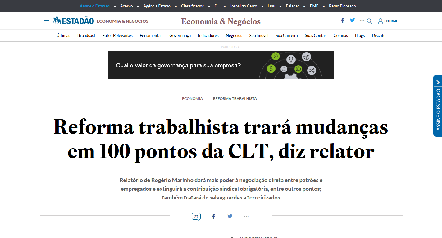 Reforma Trabalhista quer mudar 100 pontos na CLT, diz relator