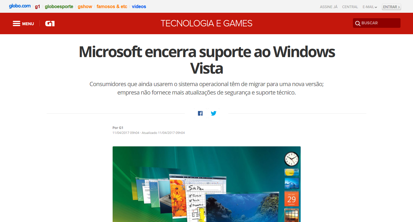 Microsoft não dará mais suporte ao Windows Vista